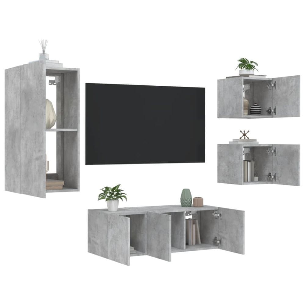 Vidaxl 5-dielne TV nástenné skrinky s LED betónovo sivé kompozit.drevo